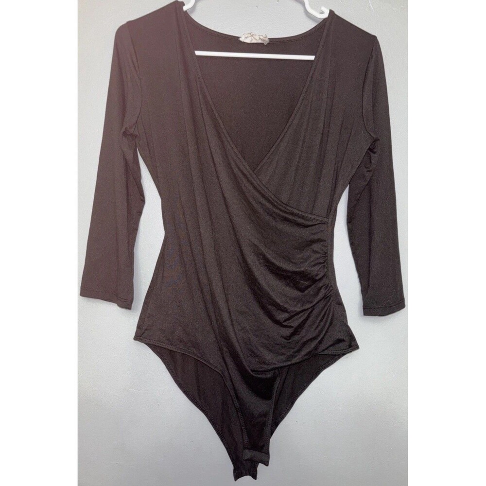 Ninexis Womans Black Bodysuit With Crossover V Front Size Large .